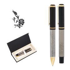 Promosyon AK-661-RT Kabartma Figürlü Metal Roller & Tükenmez Kalem Seti Lalegül, Renk: Lalegül 
