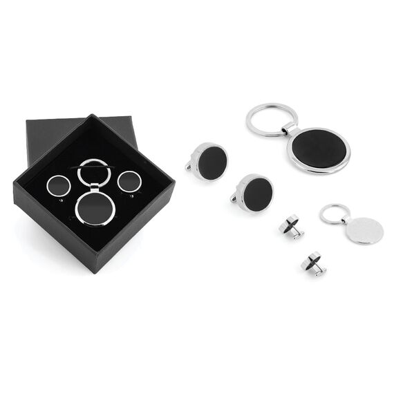 Promosyon IL-5500 Kutulu Metal Anahtarlık Kol Düğmeli Set Gümüş 
