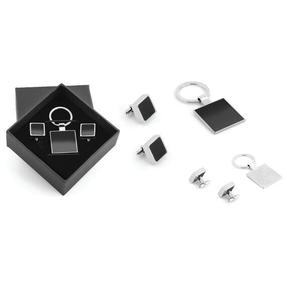 Promosyon IL-5501 Kutulu Metal Anahtarlık Kol Düğmeli Set Gümüş 