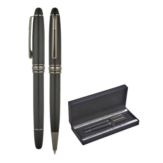 Promosyon AK-1218-RT Metal Roller & Tükenmez Kalem Seti Siyah-Füme, Renk: Siyah-Füme 