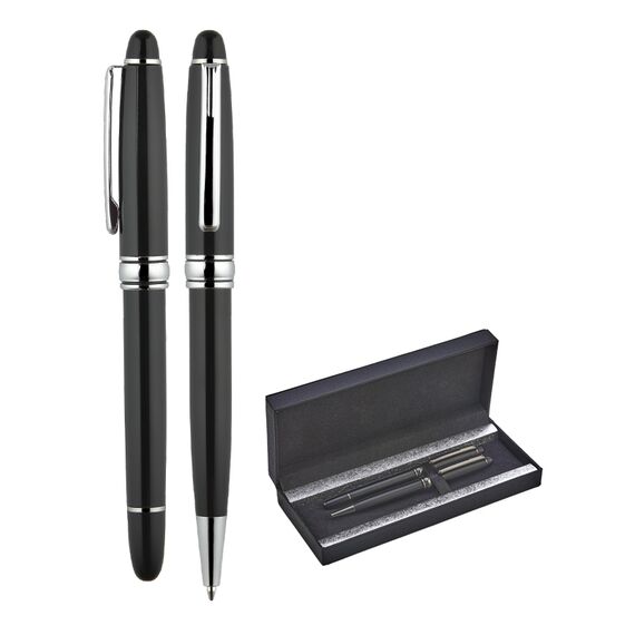 Promosyon AK-1218-RT Metal Roller & Tükenmez Kalem Seti Siyah-Silver, Renk: Siyah-Silver 