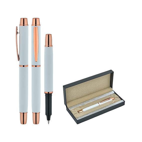 Promosyon AK-1256-KR Metal Roller & Tükenmez Kalem Seti Beyaz, Renk: Beyaz 