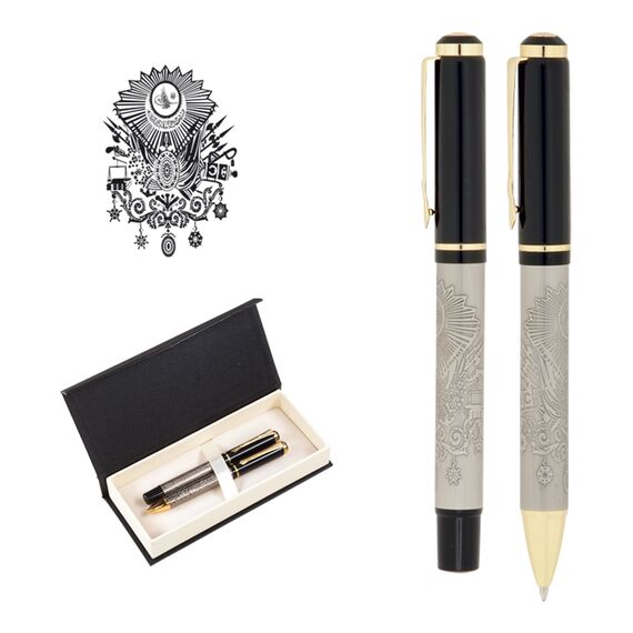 Promosyon AK-661-RT Kabartma Figürlü Metal Roller & Tükenmez Kalem Seti Tuğra, Renk: Tuğra 