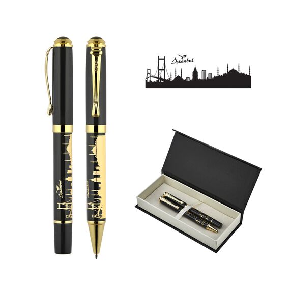 Promosyon AK-685-RT Kabartma Figürlü Metal Roller & Tükenmez Kalem Seti İstanbul, Renk: İstanbul 