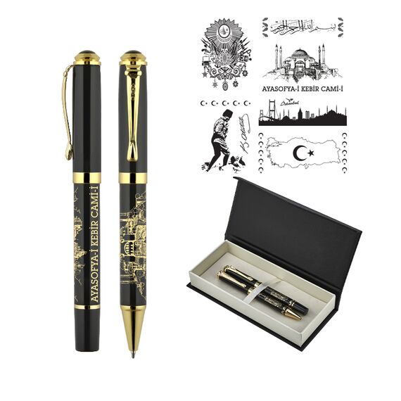 Promosyon AK-685-RT Kabartma Figürlü Metal Roller & Tükenmez Kalem Seti Türkiye, Renk: Türkiye , görsel 2