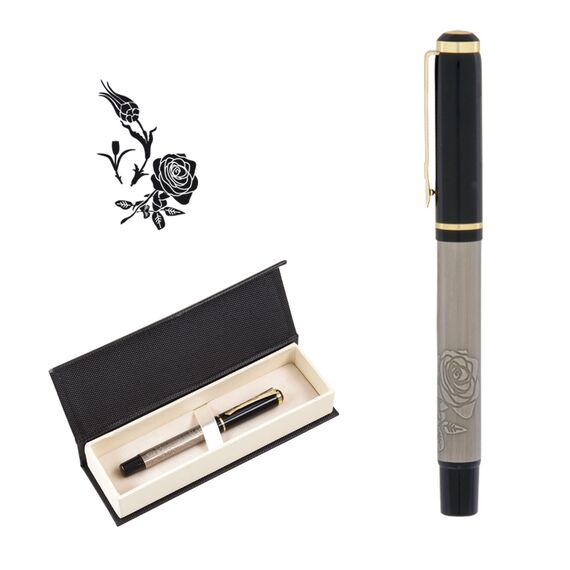 Promosyon AK-661-KR Kabartma Figürlü Metal Roller Kalem Seti Lalegül, Renk: Lalegül 