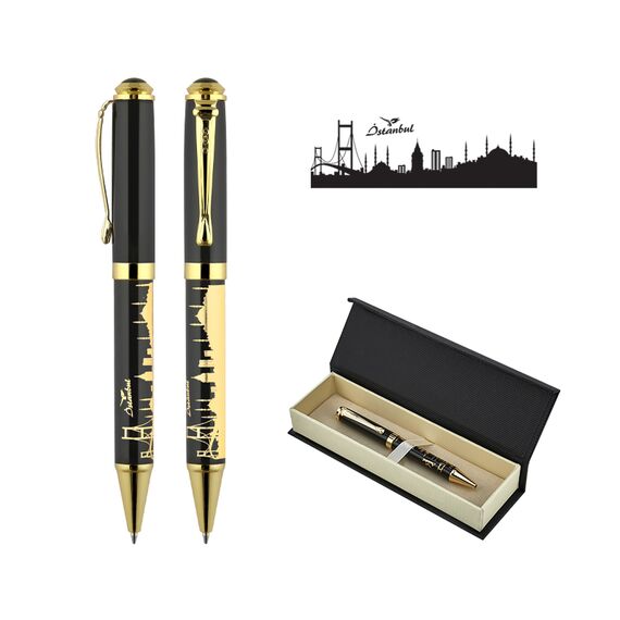 Promosyon AK-685-KT Kabartma Figürlü Metal Tükenmez Kalem Seti İstanbul, Renk: İstanbul 