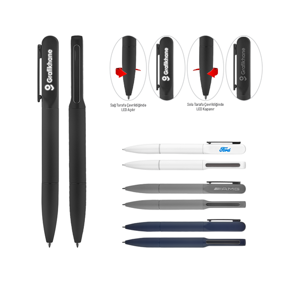 Promosyon AK-1250 Işıklı Metal Tükenmez Kalem Beyaz, Renk: Beyaz , görsel 2