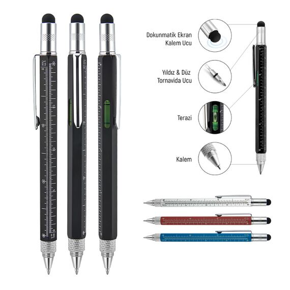 Promosyon AK-652 Metal Su Terazili - Tornavidalı Touchpen Kalem Siyah, Renk: Siyah , görsel 2