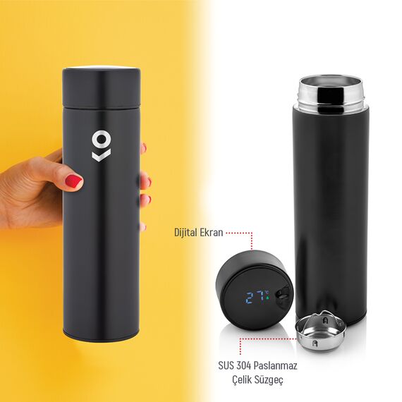 Promosyon AK-5338 Dijital Süzgeçli Termos / 450 ml Siyah, Renk: Siyah , görsel 3