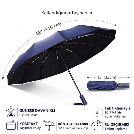 Promosyon AK-5102 12 Telli Şemsiye Siyah, Renk: Siyah , görsel 3