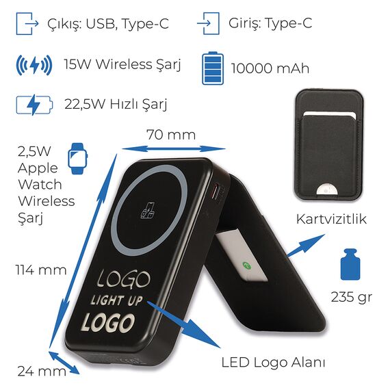 Promosyon PZ-K390 Işıklı Logo Magsafe 10000 mAh Siyah , görsel 9
