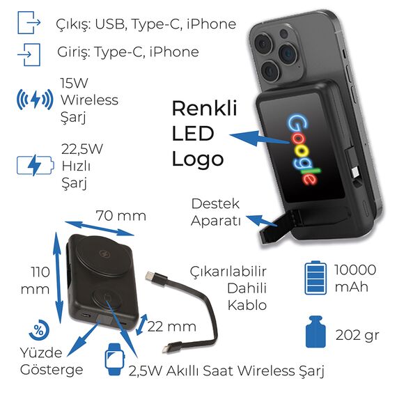 Promosyon PZ-K70 Renkli Işıklı Logo Magsafe 10000 mAh Siyah , görsel 10