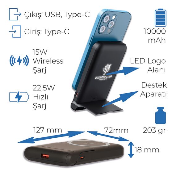Promosyon PZ-K55 Işıklı Logo Magsafe 10000 mAh Siyah , görsel 8