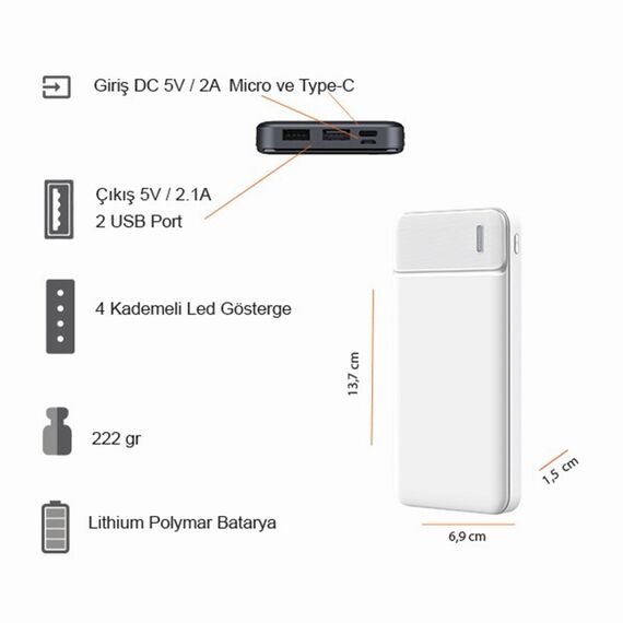 Promosyon PZ-K500 Powerbank 10000 mAh Beyaz, Renk: Beyaz , görsel 5
