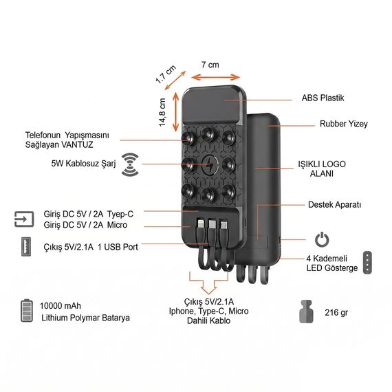 Promosyon PZ-K450 Işıklı Logo Wireless Powerbank 10000 mAh Siyah , görsel 7