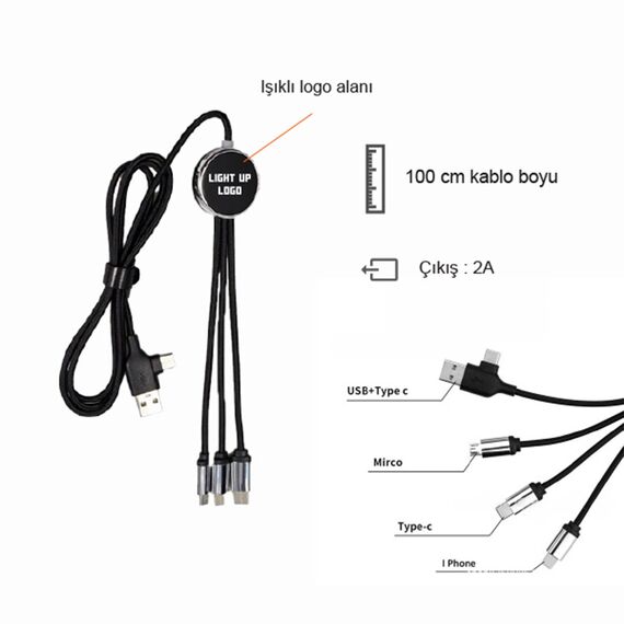 Promosyon PZ-KL40 Işıklı Logo Type-C Uçlu Şarj Kablosu Yesil, Renk: Yeşil , görsel 6