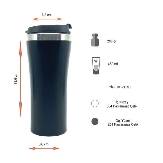 Promosyon PZ-T30 Termos Tipi Çelik Bardak 450 ml Siyah , görsel 4