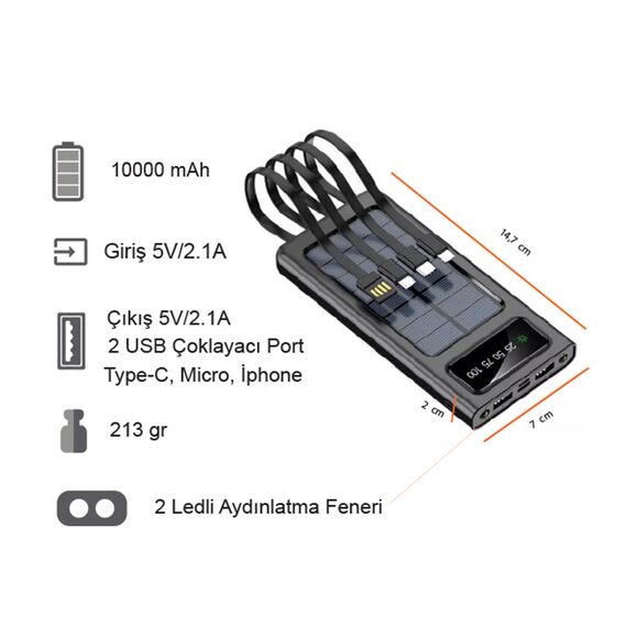 Promosyon PZ-K350 Güneş Enerjili Powerbank 10000 mAh Siyah , görsel 5