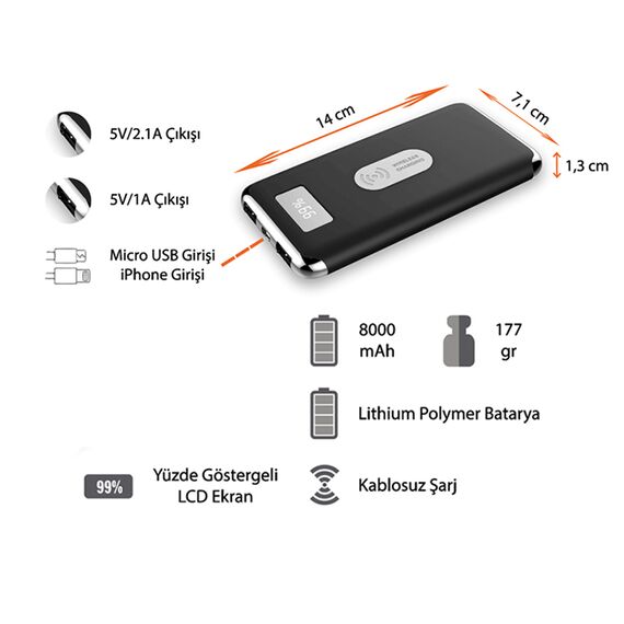 Promosyon PZ-K330 Wireless Powerbank 10000 mAh Siyah, Renk: Siyah , görsel 6