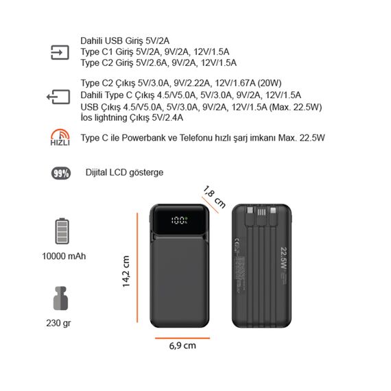 Promosyon PZ-K360 Hızlı Şarj Powerbank 10000 mAh Siyah , görsel 7