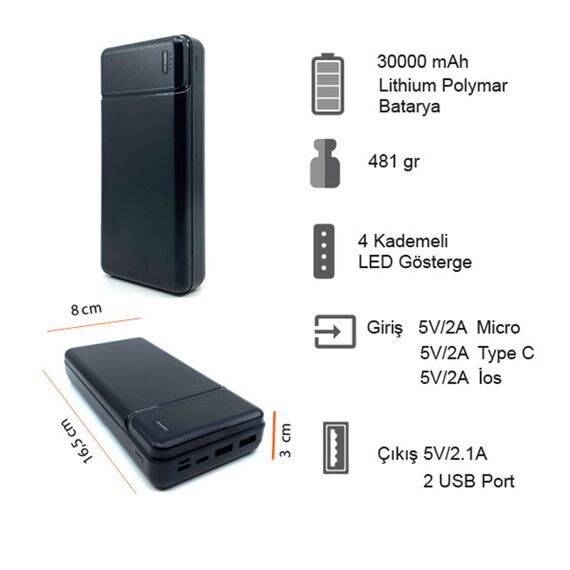 Promosyon PZ-K180 Powerbank 30000 mAh Siyah , görsel 4