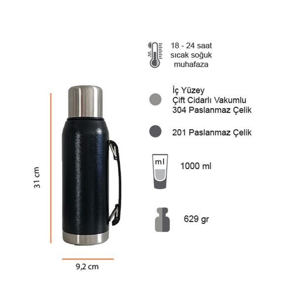 Promosyon PZ-T60 Termos 1000 ml (24 Saat Isı Koruma) Siyah , görsel 5