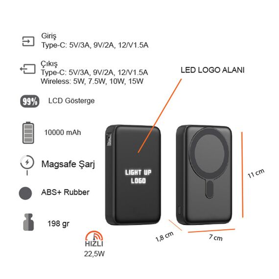 Promosyon PZ-K45 Işıklı Logo Hızlı Wireless Şarj Magsafe 10000 mAh Siyah , görsel 8