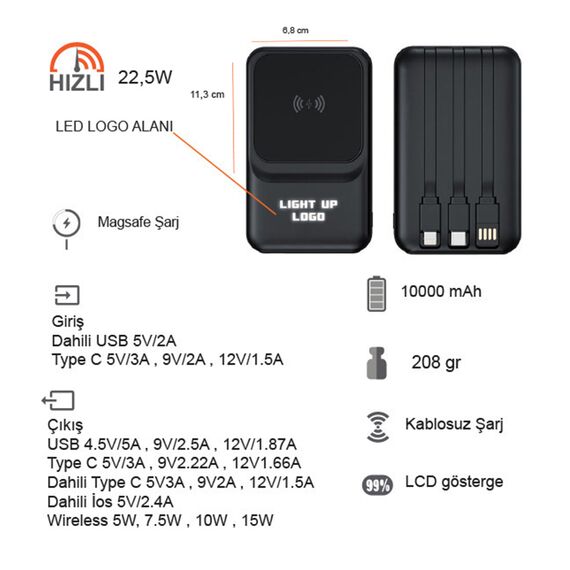 Promosyon PZ-K35 Işıklı Logo Hızlı Wireless Şarj Magsafe 10000 mAh Siyah , görsel 5