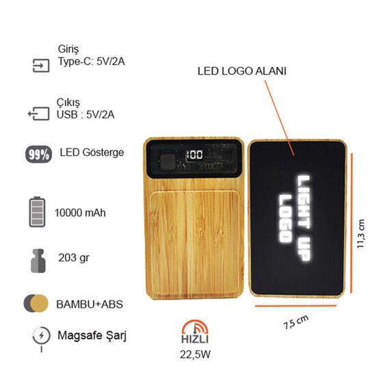 Promosyon PZ-K480 Işıklı Logo Magsafe 10000 mAh Bambu , görsel 8