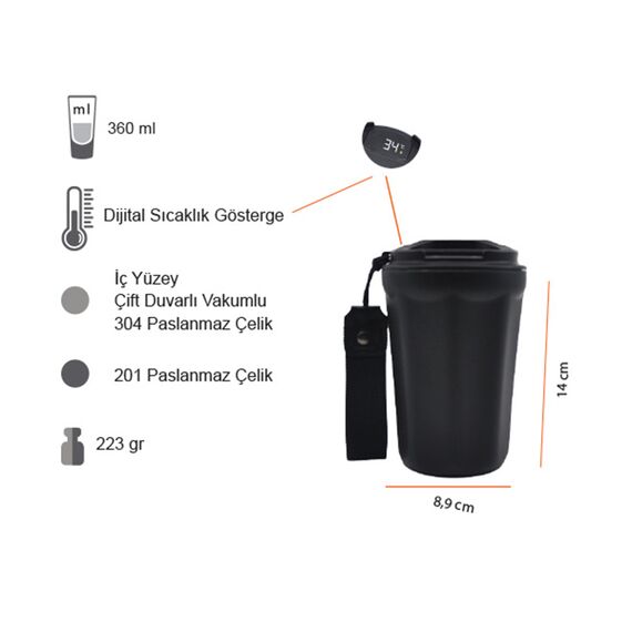 Promosyon PZ-T100 Dereceli Termos Bardak 360 ml Siyah , görsel 5