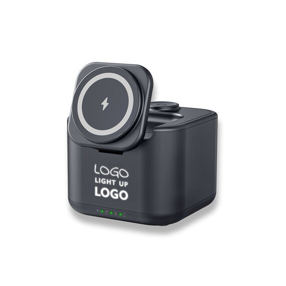 Promosyon PZ-W110 Işıklı Logo Hoparlörlü Magsafe Şarj Standı (Telefon, Kulaklık, Saat) Siyah 