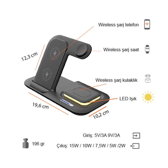 Promosyon PZ-W60 Kablosuz Şarj Standı (Telefon, Saat, Kulaklık) Siyah , görsel 4
