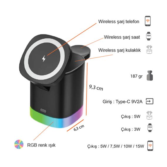 Promosyon PZ-W35 Kablosuz Şarj Standı (Telefon, Saat, Kulaklık) Siyah , görsel 6