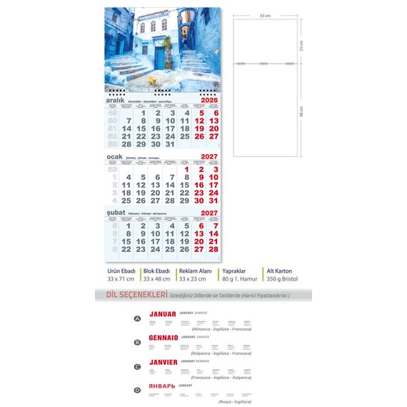 Promosyon EL-KOD-09 Büyük Gemici Takvim Mavi (Tek Parça Spiralli) 