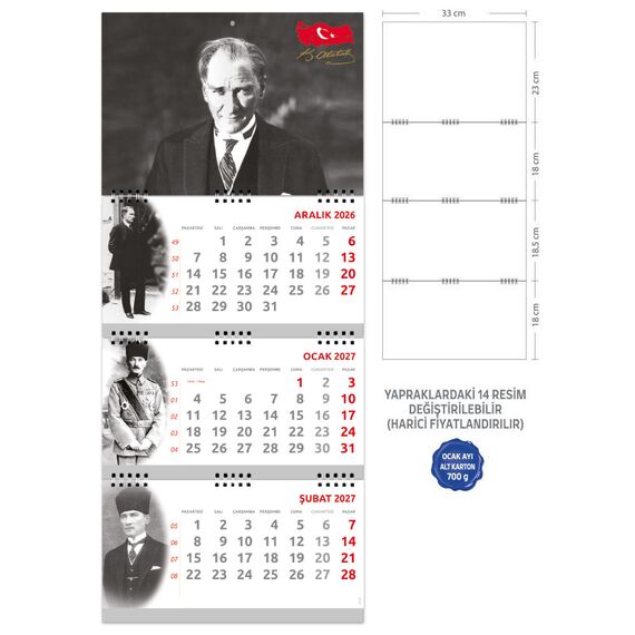 Promosyon EL-KOD-30 Atatürk Gemici Takvim (Üç Parça Spiralli) 
