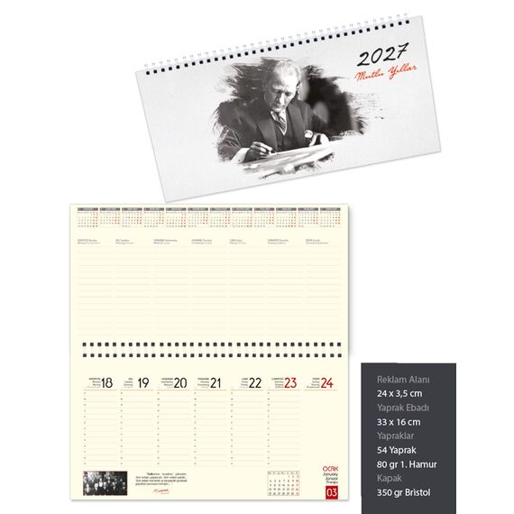 Promosyon EL-KOD-74 Masa Takvimi Haftalık Atatürk (Büyük Boy: 33x16 cm) 