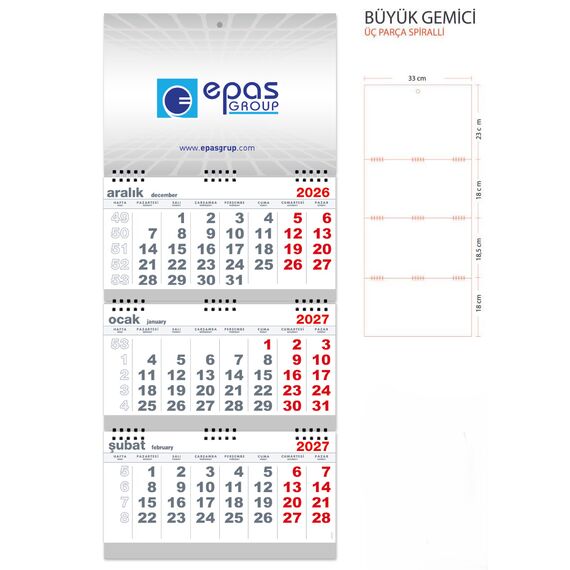 Promosyon EL-KOD-16 Büyük Gemici Takvim Beyaz (Üç Parça Spiralli) 